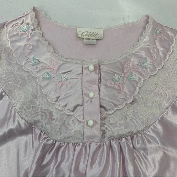 Vintage Cachet Long Nightgown Medium  Pink Satin Modest Long Sleeve‎ Embroidery - Picture 6 of 11